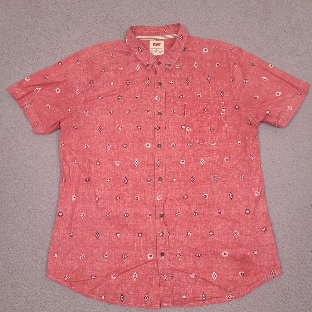 Levi's Mens Button Up‎ Shirt XL Red All Over Aztec Print Short Sleeve